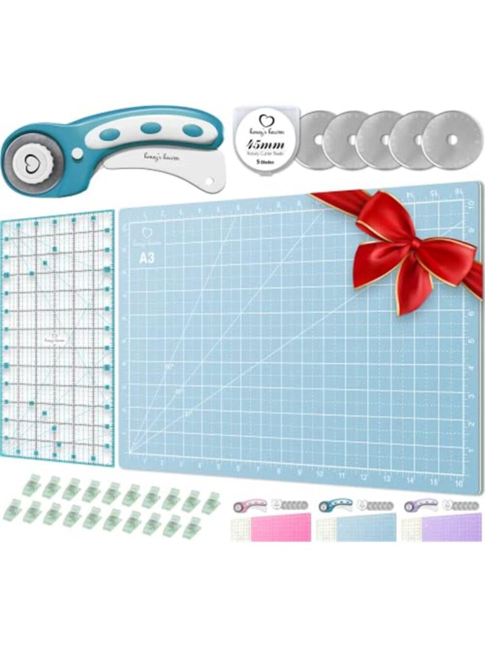 Rotary Cutter Set turquoise - Quilting Kit incl. 45mm Fabric Cutter, 5 Blades